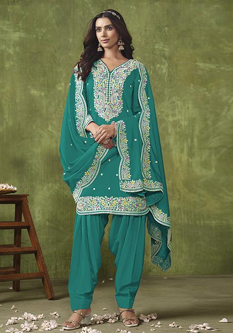 Turquoise Embroidered Chanderi Silk Kurta Set