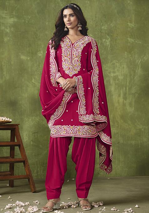 Hot Pink Embroidered Chanderi Silk Kurta Set