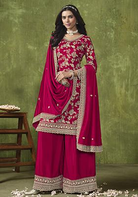 Rani Pink Embroidered Chanderi Silk Kurta Set