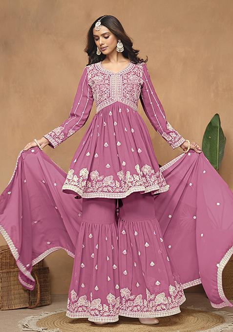 Pink Embroidered Faux Georgette Sharara Set