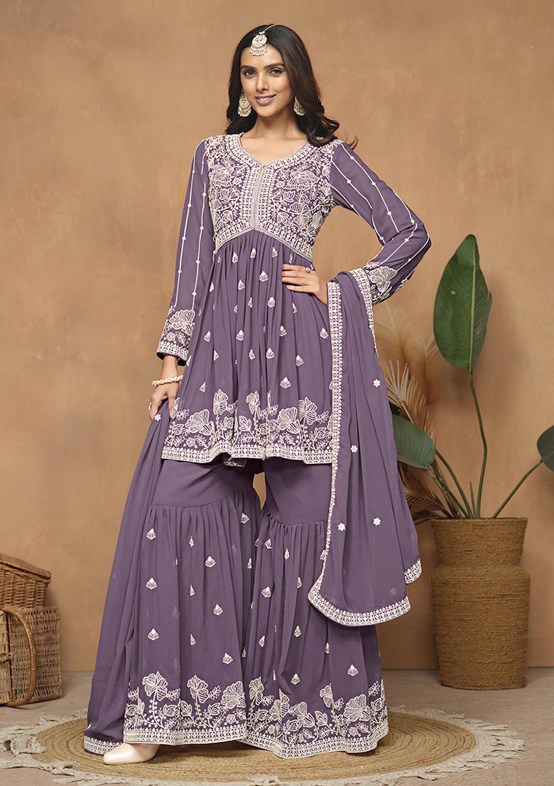 Purple Embroidered Faux Georgette Sharara Set