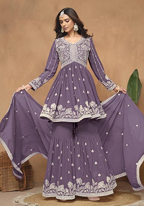 Purple Embroidered Faux Georgette Sharara Set