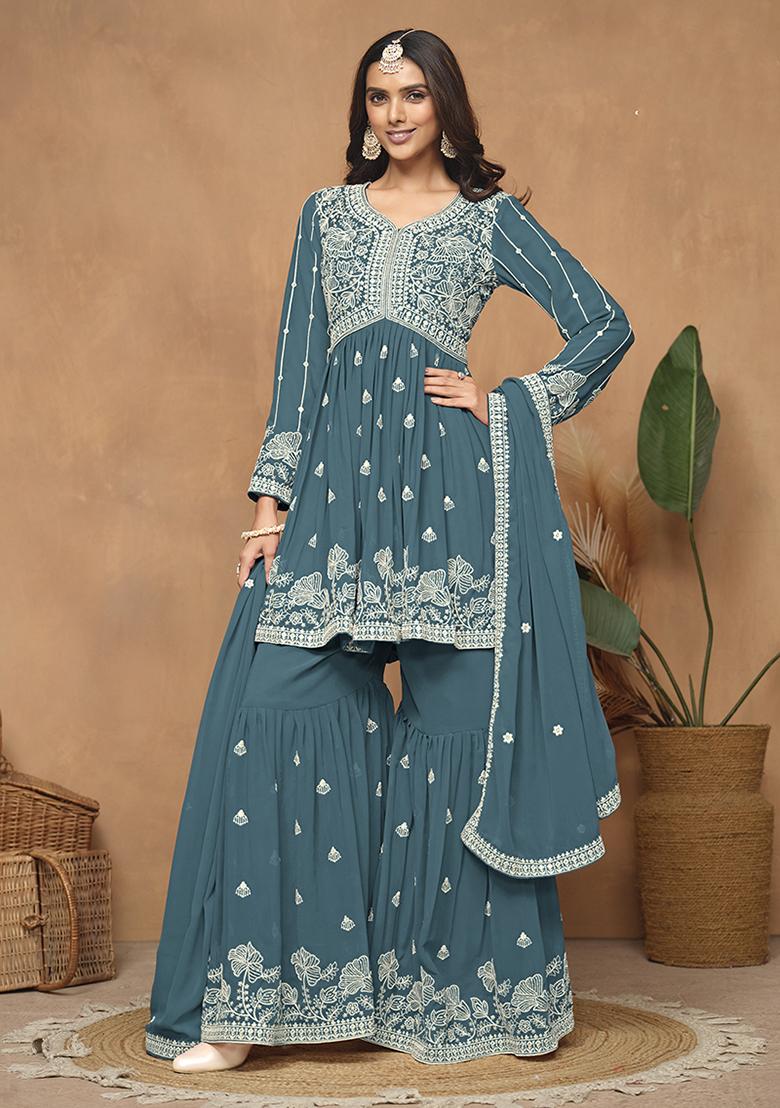 Teal Embroidered Faux Georgette Sharara Set