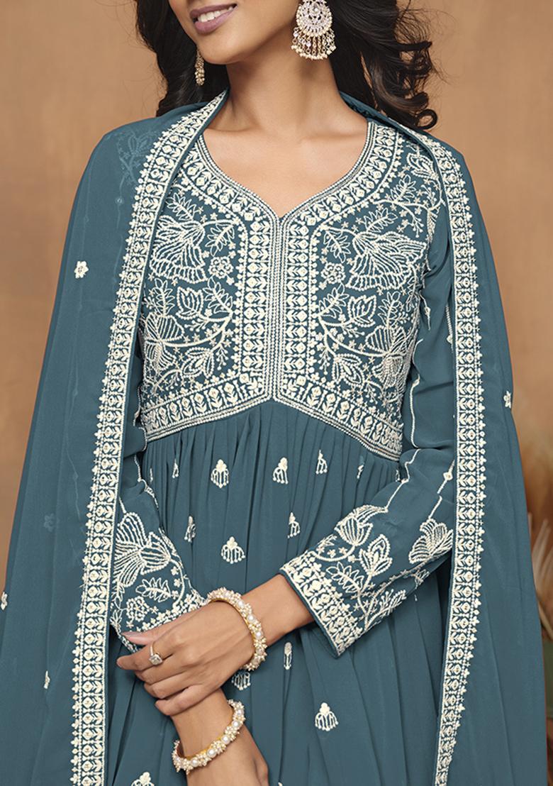 Teal Embroidered Faux Georgette Sharara Set