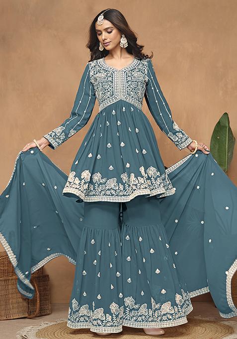 Teal Embroidered Faux Georgette Sharara Set