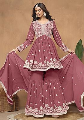 Dark Rose Red Embroidered Faux Georgette Sharara Set