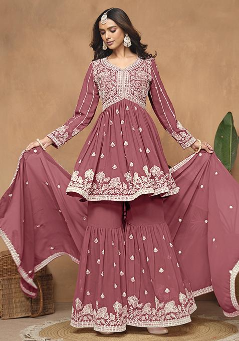 Dark Rose Red Embroidered Faux Georgette Sharara Set