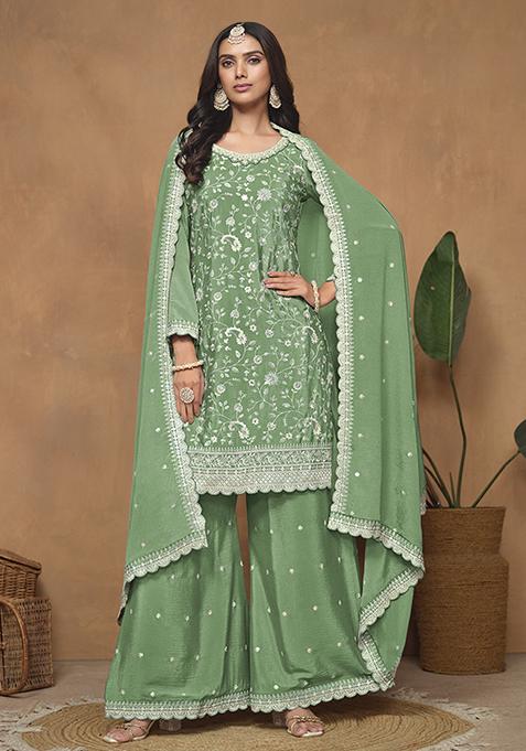 Light Green Embroidered Chiffon Kurta Set