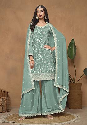 Turquoise Embroidered Chiffon Kurta Set