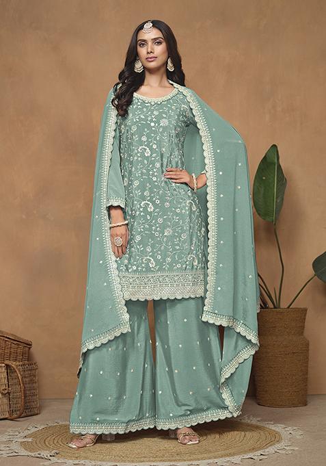 Turquoise Embroidered Chiffon Kurta Set