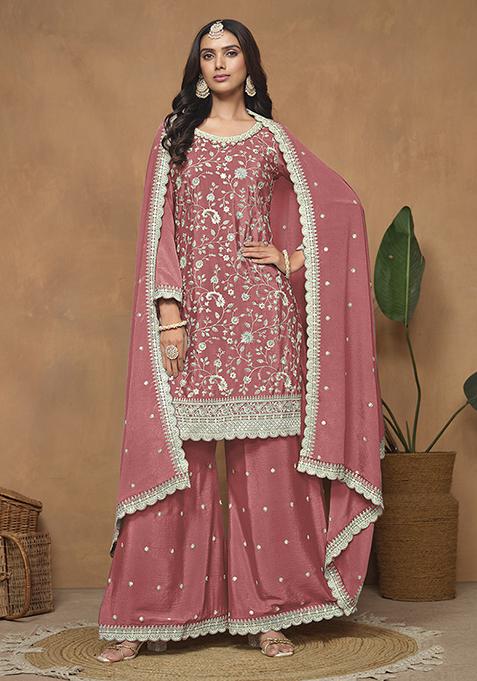 Peach Embroidered Chiffon Kurta Set