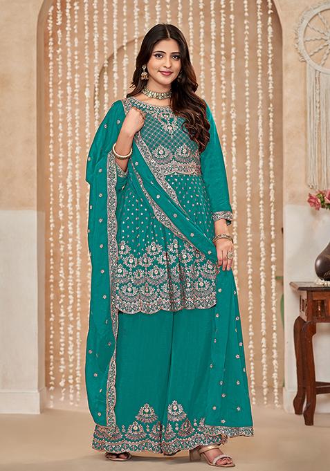 Turquoise Embroidered Chiffon Kurta Set