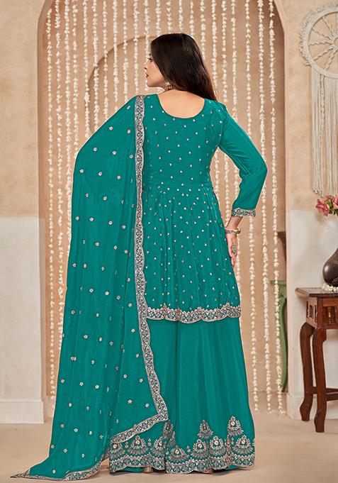 Women Turquoise Silk-Blend Embroidered & Printed Kurta with Pant & coordinated Dupatta