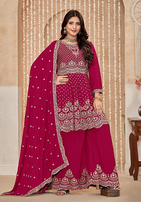 Rani Pink Embroidered Chiffon Kurta Set