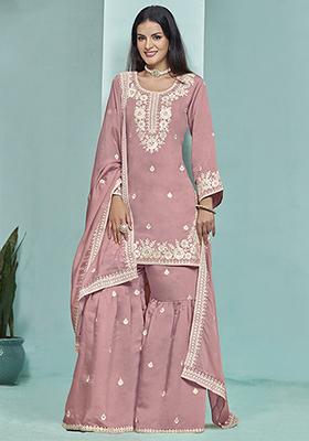 Onion Pink Embroidered Chanderi Silk Kurta Set