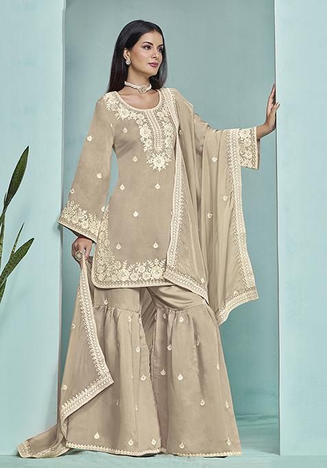 Beige Embroidered Chanderi Silk Kurta Set