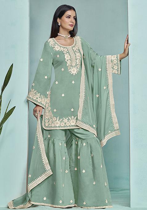 Turquoise Embroidered Chanderi Silk Kurta Set