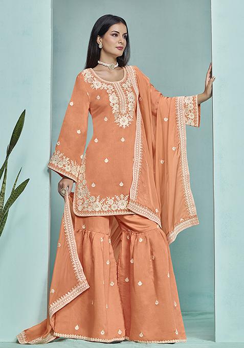 Orange Embroidered Chanderi Silk Kurta Set