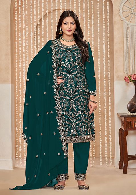 Dark Teal Embroidered Faux Georgette Kurta Set