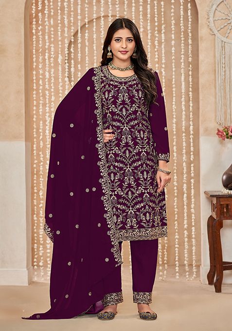 Wine Embroidered Faux Georgette Kurta Set