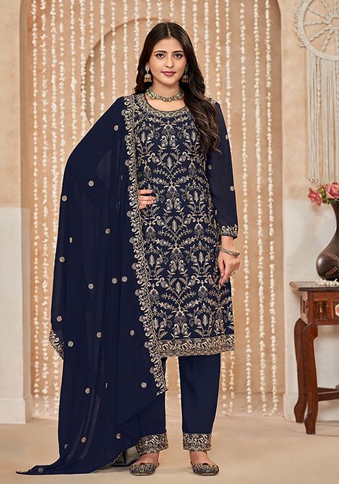 Navy Blue Embroidered Faux Georgette Kurta Set