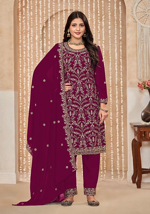 Dark Pink Embroidered Faux Georgette Kurta Set