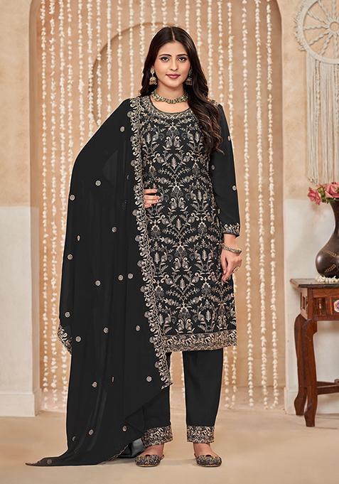 Black Embroidered Faux Georgette Kurta Set