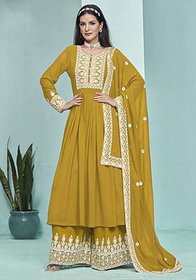 Mustard Embroidered Faux Georgette Kurta Set