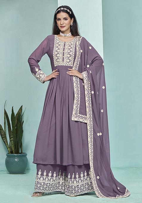 Mauve Embroidered Faux Georgette Kurta Set