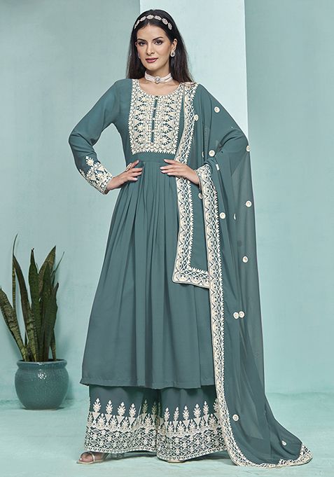 Teal Embroidered Faux Georgette Kurta Set