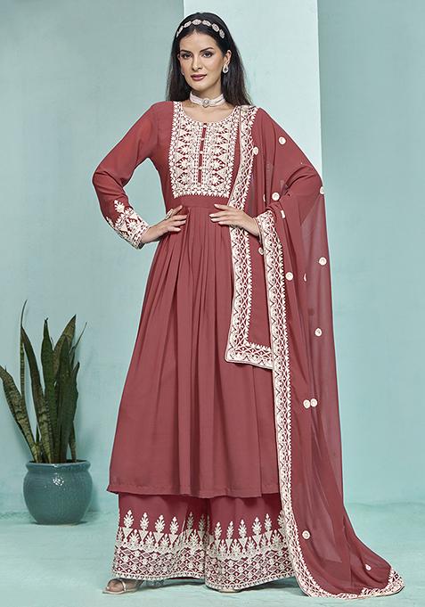 Crimson Embroidered Faux Georgette Kurta Set