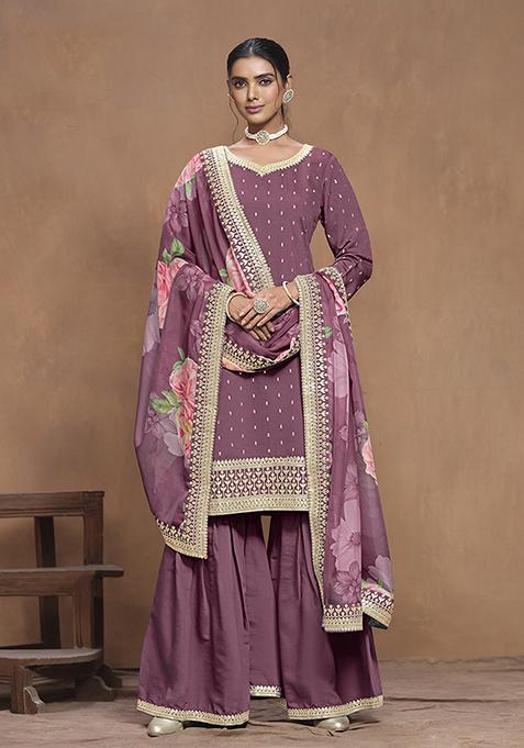 Dark Mauve Embroidered Silk Blend Kurta Set