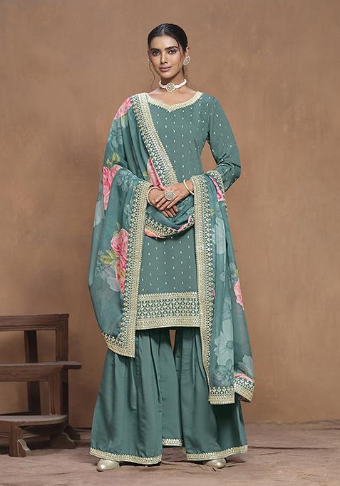 Sea Green Embroidered Silk Blend Kurta Set