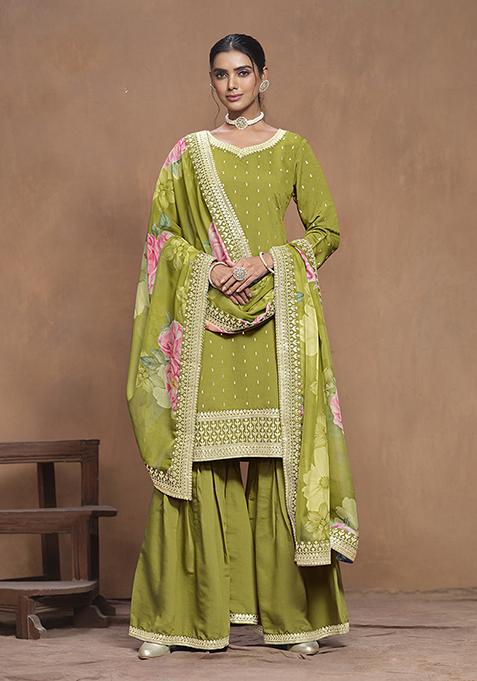 Light Olive Embroidered Silk Blend Kurta Set