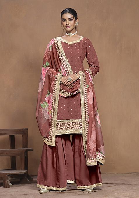 Dark Coral Embroidered Silk Blend Kurta Set