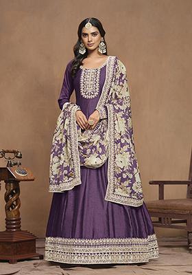 Dark Purple Embroidered Art Silk Kurta Set