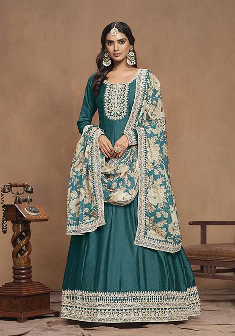 Teal Embroidered Art Silk Kurta Set