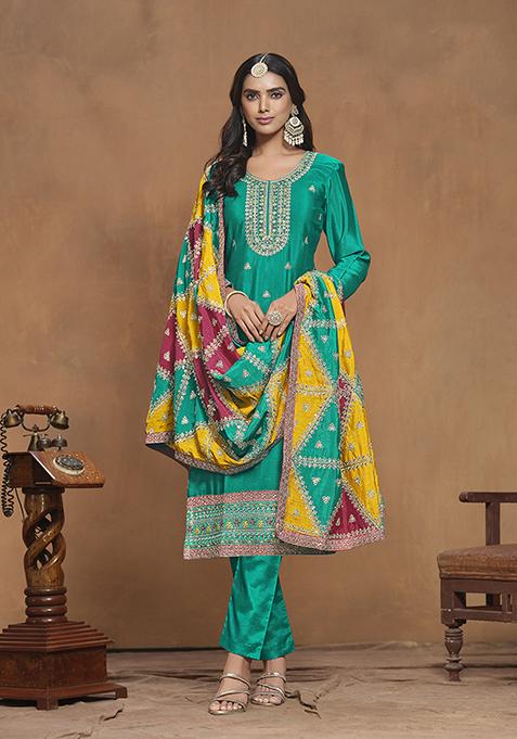 Turquoise Embroidered Chiffon Kurta Set