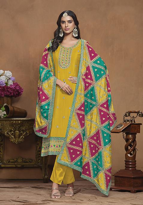 Yellow Embroidered Chiffon Kurta Set