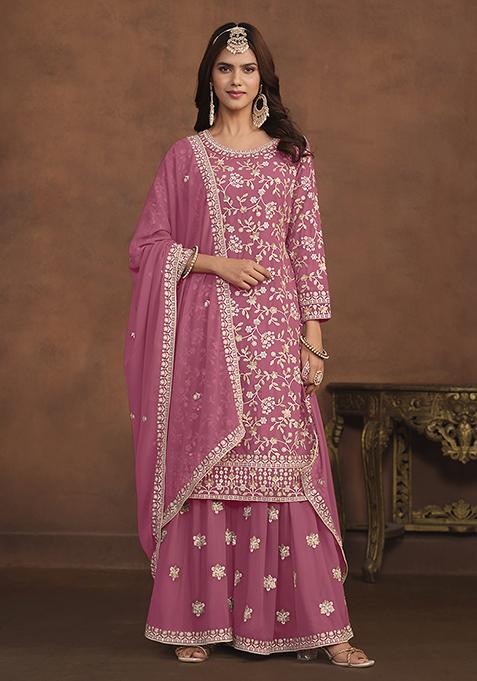 Light Pink Embroidered Faux Georgette Kurta Set