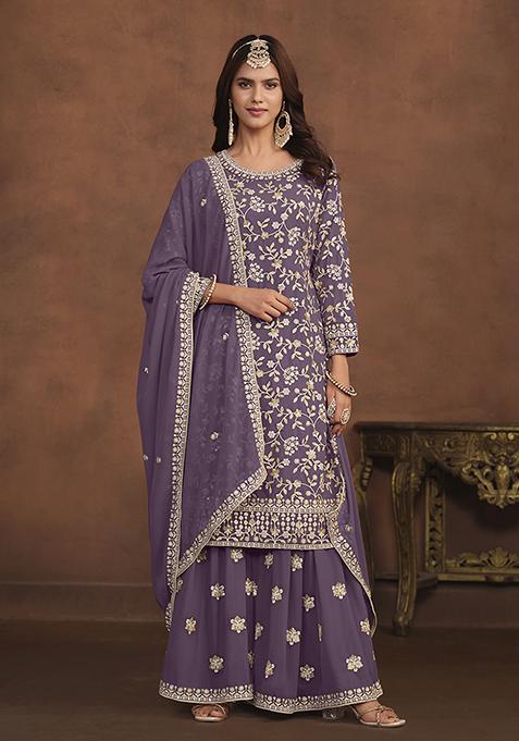 Light Lavender Embroidered Faux Georgette Kurta Set