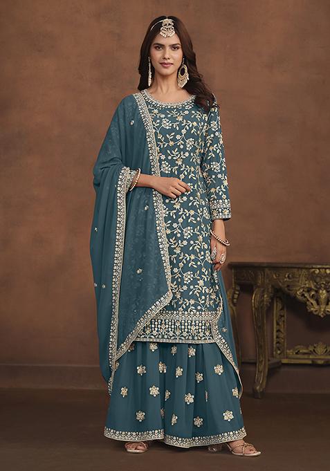 Teal Embroidered Faux Georgette Kurta Set