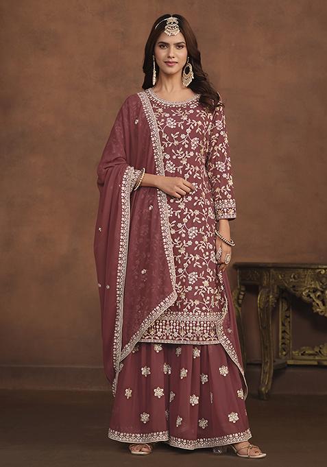 Cooper Brown Embroidered Faux Georgette Kurta Set