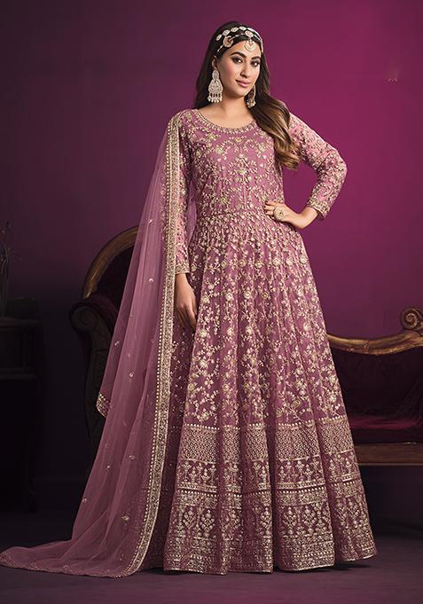 Light Pink Embroidered Net Anarkali Kurta Set