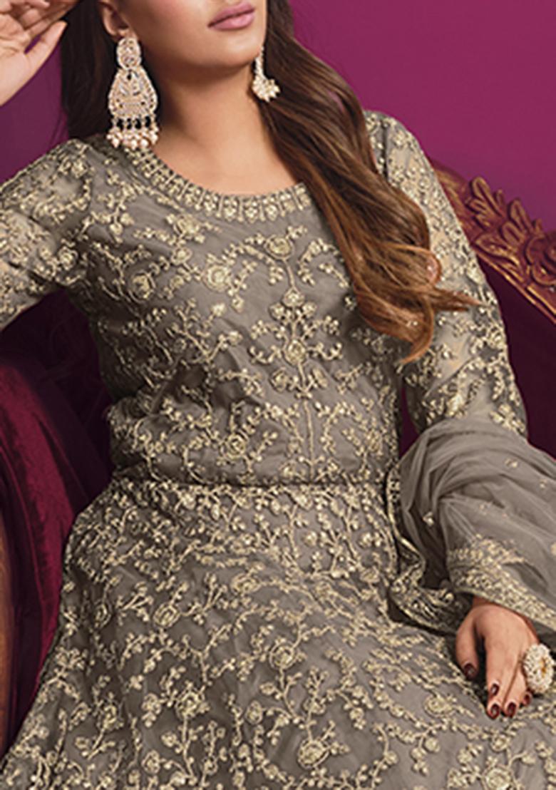 Grey Embroidered Net Anarkali Kurta Set