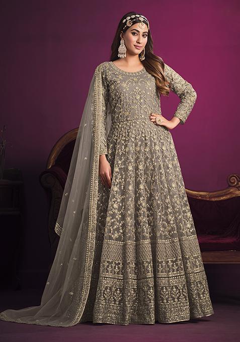 Grey Embroidered Net Anarkali Kurta Set