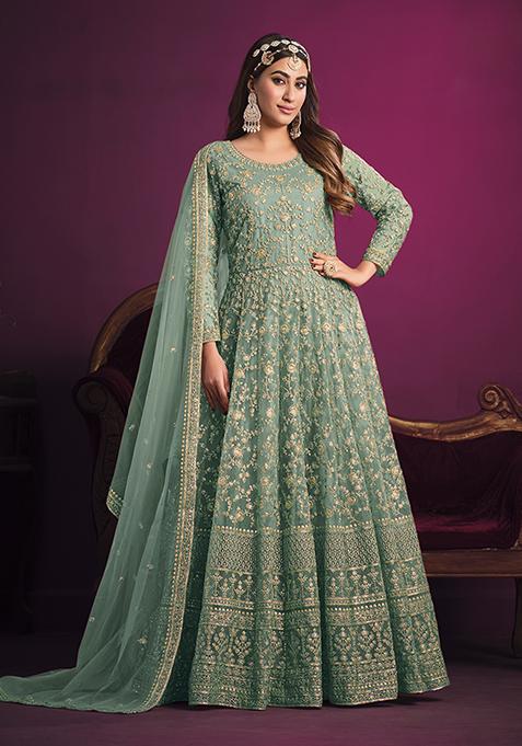 Sky Blue Embroidered Net Anarkali Kurta Set