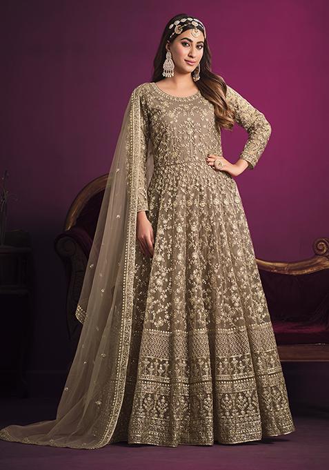 Dark Beige Embroidered Net Anarkali Kurta Set