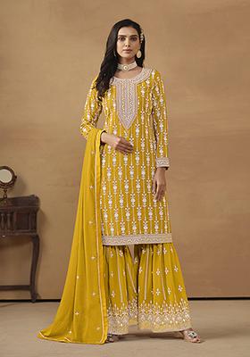 Mustard Embroidered Faux Georgette Kurta Set