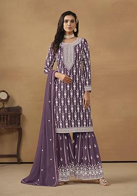 Purple Embroidered Faux Georgette Kurta Set